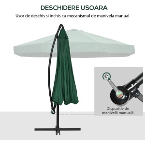 Umbrelă de Soare cu Plasă de Țânțari, Umbrelă de Soare cu Deschidere Manivelă și Bază Transversală, 295x295x240 cm, Verde - Img 7