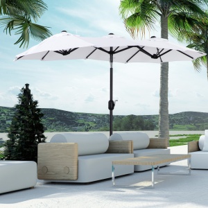 Umbrela de soare de gradina basculabila dubla cu deschidere cu manivela, copertina cu orificii cu ventilatie si 12 nervuri, 295x152x222cm, alb - Img 2