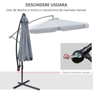 Umbrela de Soare pentru Gradina cu Brat Parasolar din Metal, Baldachin din Poliester Reglabil si Deschidere cu Manivela, Φ265x265cm, Gri - Img 4