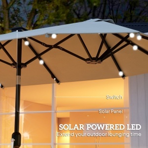 Umbrelă dublă, umbrelă terasă, înclinabilă, cu panou solar, 35 LED-uri, cadru din oțel, bej, 2,92 x 1,50 x 2,18 m - Img 4