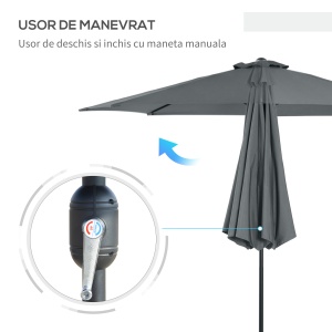 Umbrelă Rotundă de 300x250cm cu Manivelă și Funcție de Înclinare, Umbrelă de Grădină, Terasă, Exterior, Metal și Poliester Gri Închis - Img 5
