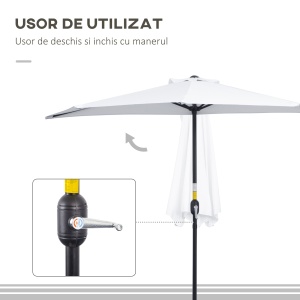Umbrelă Semicirculară de Perete cu Deschidere cu Manivelă și 5 Spițe, 2.6x1.35x2.3 m, Alb - Img 5