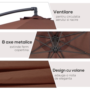 Umbrela Soare Descentrata de Gradina cu Colt Inclinabil din Metal si Poliester, Cafea, Φ3×2.6m - Img 6