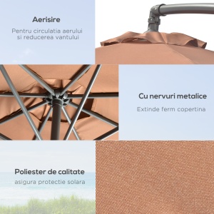 Umbrelă Suspendată cu Bază în Cruce, Greutăţi, Manivelă și Protecţie UV, Ø3x2.5 m, Cafeniu - Img 6
