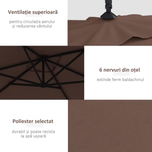 Umbrelă Suspendată cu Orificii de Ventilaţie, Bază în Cruce şi Manivelă, 3x2 m, Maro - Img 5