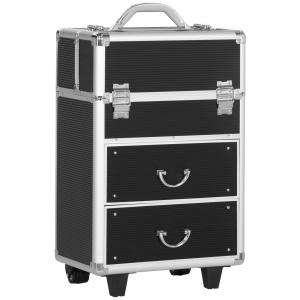 Valiza de make-up profesional din aluminiu si otel armat, cu incuietoare cu 2 chei si roti, negru 36x23x58cm - Img 1