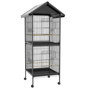 Volieră pentru Păsări cu Roți, Tăvi Detașabile din Plastic și Stinghii, Colivie pentru Canari din Metal, 168 cm, Negru - Img 1