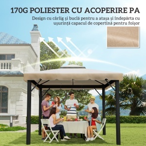 Acoperiș de Schimb pentru Pavilion 3x3 m cu 2 Niveluri, Copertină Rezistentă la Apă din Poliester 170g/㎡ cu 8 Orificii de Drenaj, Bej - Img 6