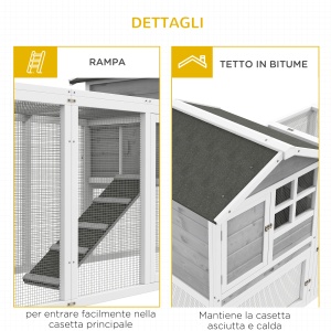 Adapost din Lemn pentru Iepuri pentru Exterior cu 2 Custi si Zona Deschisa Imprejmuita cu Usi si Rampe, 259x64x92 cm, Gri - Img 7