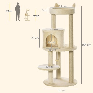 Ansamblu de Joacă pentru pisici adulte cu căsuță spațioasă și platformă, 104 cm, Crem - Img 3
