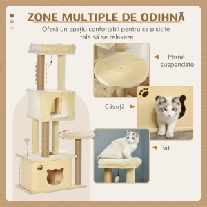 Ansamblu de joacă pentru Pisici Înalt 136 cm cu Căsuță Detașabilă, Căsuță și Pătuț, Stâlpi din Iută, Bej - Img 4