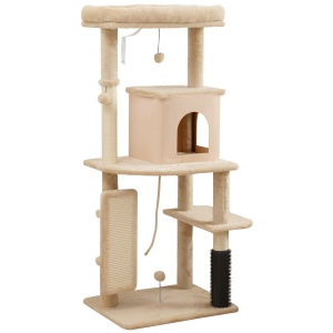 Ansamblu de Joacă pentru Pisici Multilevel Înalt 132 cm cu Căsuță, Culcuș, Stâlpi Zgâriători și Biliță, Bej