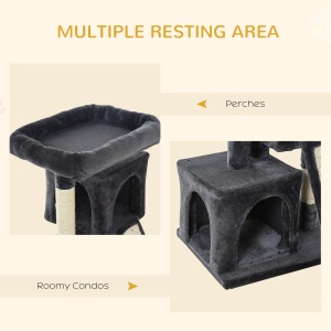 Ansamblu pentru pisici cu stalpi din sisal, pat si 2 Casute cu invelis de plus, 59x39x83cm, Negru - Img 6