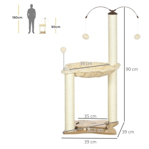 Ansamblu pentru pisici de interior Turn de joaca pentru pisici cu stalpi de zgariat din sisal Jucarie cu minge de hamac, bej, 53,5x53,5x90 cm - Img 3