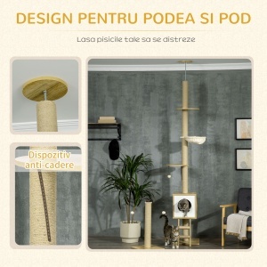 Ansamblu pentru pisici din PAL reglabil in inaltime cu stalp de zgariat pentru pisici, hamac pentru pisici si minge de joaca, 40x40x225-285cm - Img 5