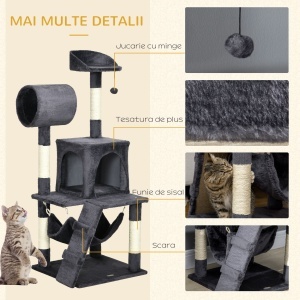 Ansamblu pentru pisici din plus si sisal cu stalpi pentru zgariat pisici, hamac, pat, tunel si minge de jucarie, 48x48x125cm, gri - Img 6