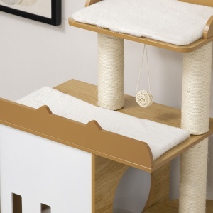 Ansamblul pentru pisici MDF cu stalpi de zgariat din sisal, 2 casute pentru pisici, platforme si minge de joaca, 60x48x133 cm, alb si stejar - Img 9