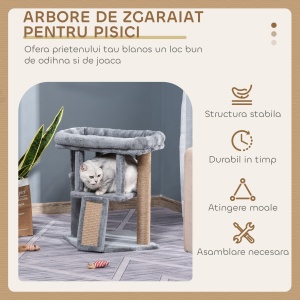 Arbor pentru Pisici cu Căsuță și Pat din Pluș, Zgâriător din Iută și Minge, Gri - Img 4