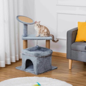 Arbore de zgariat pentru Pisici cu Stalpi din Franghie de Iuta, Casuta si Perna pentru Pisici, Husa din Plus, Inaltime 84 cm - Gri - Img 2