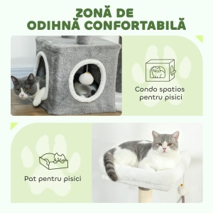 Arbore Zgâriător pentru Pisici cu Căsuță, Pat și 2 Mingi, Turn pentru Pisici din PFL, Pluș, Bumbac PP și Sisal, 55x40x107 cm, Gri și Alb - Img 5