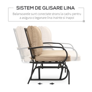 Balansoar de Gradina pentru 2 Persoane cu Perne Capitonate pentru Sezut cu Spatar, 122x70x87cm, Kaki - Img 4