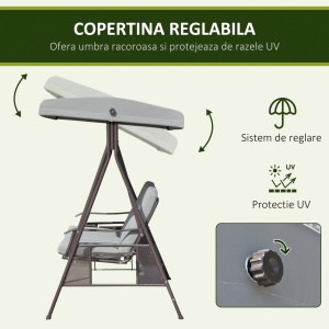 Balansoar Exterior 3 Locuri cu Cadru din Oțel, Acoperiș și Perne Incluse, Gri Deschis - Img 4