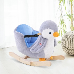 Balansoar Pinguin din Pluș cu Melodii și Centură de Siguranță, Balansoar pentru Copii, 60x33x50 cm, Gri - Img 2