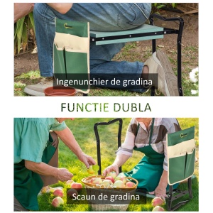 Bancă de grădină 2 în 1 cu protecție pentru genunchi, pernuțe din spumă EVA și geantă pentru depozitare, 58x28x49 cm, Verde - Img 4