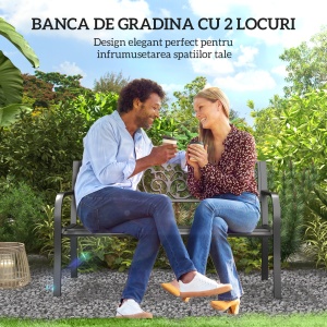 Banca de gradina din metal cu spătar decorat, 127x60x87cm – negru - Img 5