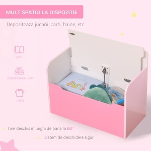 Bancă Depozitare Jucării 2 în 1 din Lemn, Ladă de Depozitare cu Spătar pentru Copii de 3-6 Ani, 60x30x50 cm, Roz - Img 6