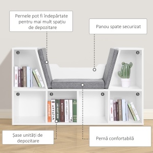 Bibliotecă 2 în 1 cu Perne Confortabile și 6 Compartimente, Mobilier Multifuncțional pentru Cărți și Jocuri, Raft cu 6 Cuburi pentru Sufragerie, Dormitor și Birou, 102x30x61 cm, Alb - Img 6
