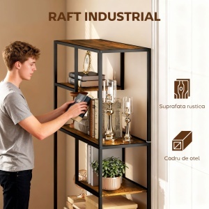 Bibliotecă Mobilă cu 7 Nivele din Lemn și Oțel în Stil Industrial, 83x34x180 cm, Maro - Img 4