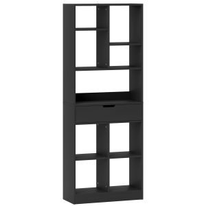 Bibliotecă Modernă din Lemn cu Sertar Central și Kit Antirăsturnare, 60x26x158 cm, Negru