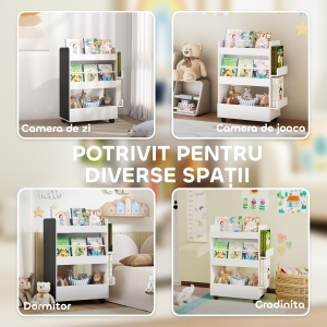 Bibliotecă pentru Copii 3-8 Ani pe Două Părți, Raft de Jucării cu Roți și Tablă Neagră, Alb - Img 9