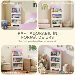 Bibliotecă pentru Copii 3 Rafturi în Formă de Ursuleț 55x15x110 cm, Roz - Img 7