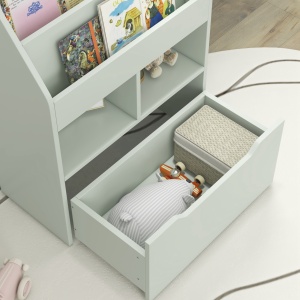 Bibliotecă pentru Copii cu Rafturi, Sertar și Roți, Raft pentru Jucării și Cărți, 60x29.9x90 cm, Verde - Img 8