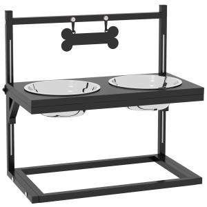 Boluri pentru Câini cu Înălțime Reglabilă și Plăcuță de Identificare, 2 Boluri din Oțel pentru Apă și Mâncare, 40.5x22x39 cm, Negru - Img 1
