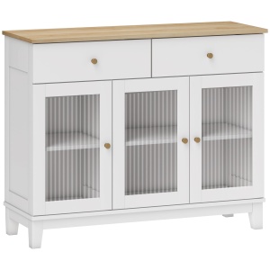 Bufet Bucătărie cu 2 Dulapuri și 2 Sertare, Uși din Sticlă Securizată Canelată, Bufet Sufragerie cu Rafturi Ajustabile, pentru Living sau Sufragerie, 100x35x80.3 cm, Alb și Stejar - Img 1