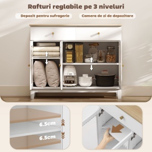 Bufet Bucătărie cu 2 Dulapuri și 2 Sertare, Uși din Sticlă Securizată Canelată, Bufet Sufragerie cu Rafturi Ajustabile, pentru Living sau Sufragerie, 100x35x80.3 cm, Alb și Stejar - Img 6