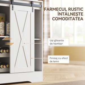 Bufet de Bucătărie Rustic 180cm, Dulap cu Priză de Încărcare, Lumini LED, Suport pentru Sticle, Blat pentru Cuptor, Rafturi Deschise, Uși Glisante, Orificiu pentru Cabluri, Alb - Img 7