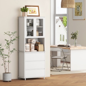 Bufet Mobilier Bucatarie cu Usi de Sticla si 3 Sertare 68x38x172 cm – Alb - Img 8