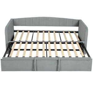 Cadru Pat 90/180x190 cm, Canapea Pat Extensibilă Convertibilă în Pat Dublu, Tapițerie, Cotiere, 2 Buzunare, Șipci din Plop, pentru Cameră de Zi sau Oaspeți, Gri Deschis