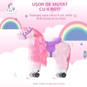 Cal Balansoar pentru Copii 2+ Ani cu Roți și Sunete, Leagăn pentru Copii cu Suport pentru Picioare, 65x28x75 cm, Roz - Img 5