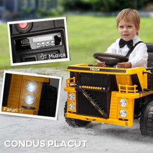 Camion pentru Copii 3-5 Ani cu Muzică, Faruri și Roți cu Suspensii, 97x63x53 cm, Galben - Img 7