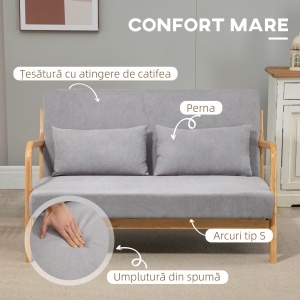 Canapea cu 2 locuri moderna din Lemn cu perne, tasatura cu efect de catifea, 122x80x72 cm, Gri - Img 4