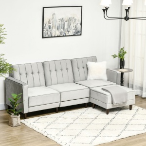 Canapea extensibila cu 3 locuri cu taburet si spatar inclinabil, tapiterie din catifea si scaun captusit, 218x85x86 cm, gri deschis - Img 2