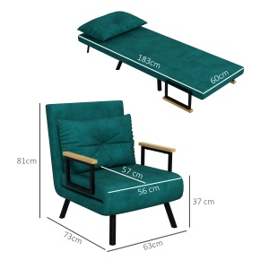 Canapea Extensibilă cu Spătar Reglabil pe 5 Nivele, Canapea Pat Individuală Pliabilă cu Perne, 63x73x81 cm, Verde - Img 3