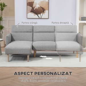 Canapea Extensibila pe Colt cu 3 Locuri din Tesatura Gri Reglabila Stil Scandinav - Img 6