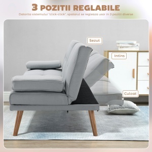Canapea Pat cu Spătar Reglabil 3 Trepte, Tapițerie din In, Suport Pahare și Măsuță Rabatabilă, Picioare din Lemn, gri deschis - Img 5