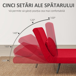 Canapea Pat de 2 Locuri cu Spătar Reglabil pe 5 Nivele, Canapea Pat Pliabilă Matrimonială, 102x73x81 cm, Roșu - Img 5